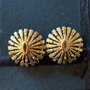 Vintage Trifari Crown Signed Gold Tone Sunburst Circle Clip On Earrings 1960's
